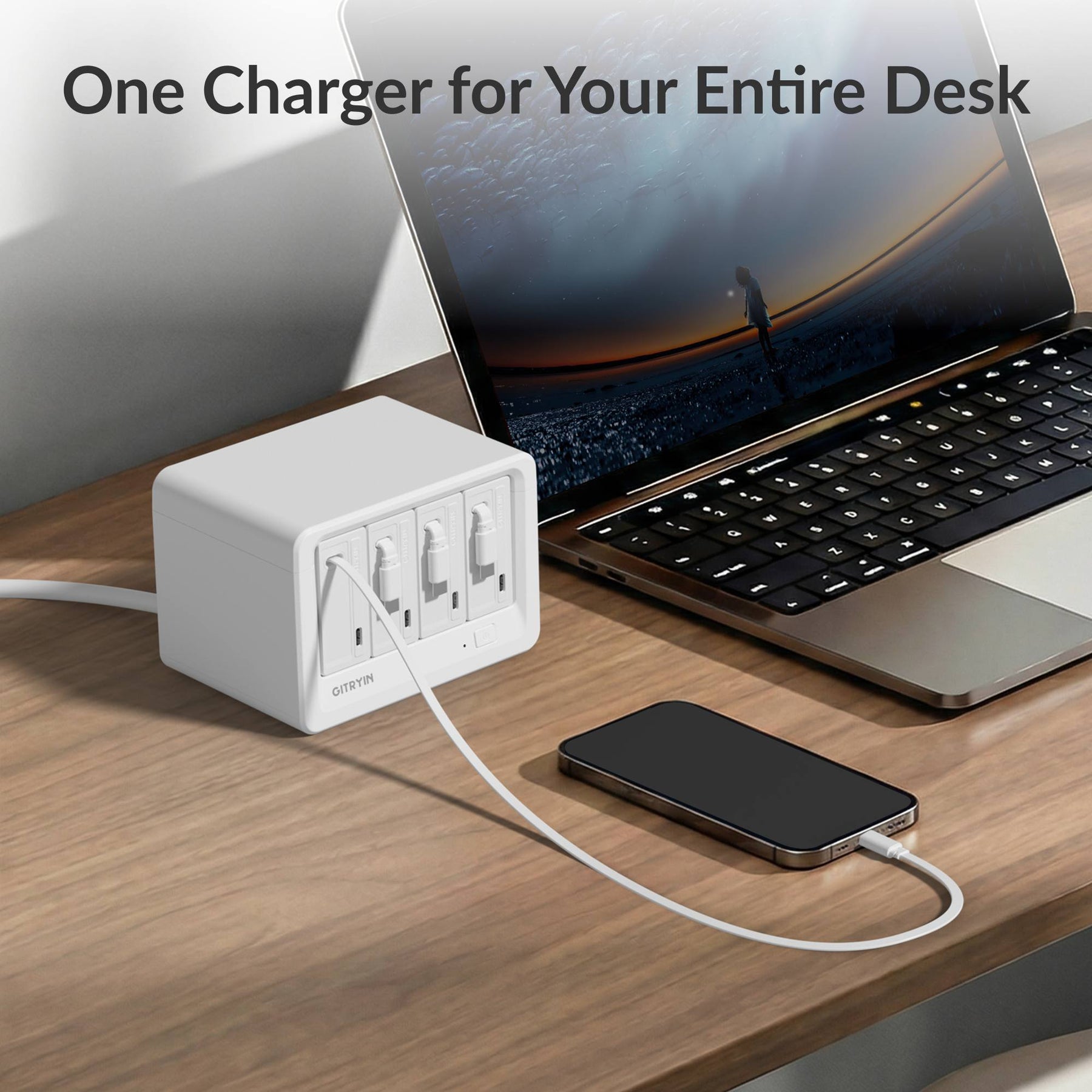 Gitryin Desktop Charging Station 12-in-1 (65W Combo) Features showing the white model charging a phone with a built-in retractable cable