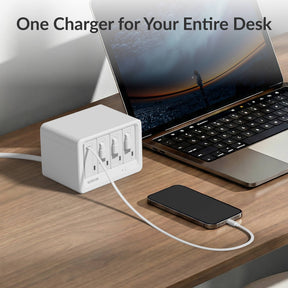 Gitryin Desktop Charging Station 12-in-1 (65W Combo) Features showing the white model charging a phone with a built-in retractable cable