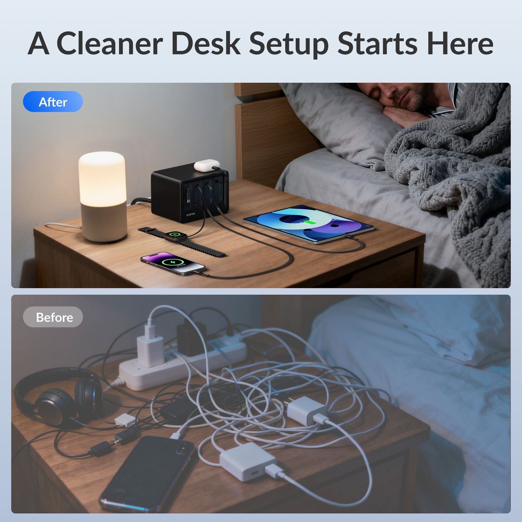 Gitryin Desktop Charging Station 12-in-1 (65W Combo) Featuresshowing the black model with bedside charging and cableorganization before and after
