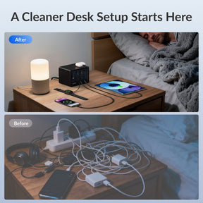 Gitryin Desktop Charging Station 12-in-1 (65W Combo) Featuresshowing the black model with bedside charging and cableorganization before and after