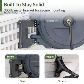 Giraffe Tools retractable hose reel has a 300 lb metal bracket for stable wall support.