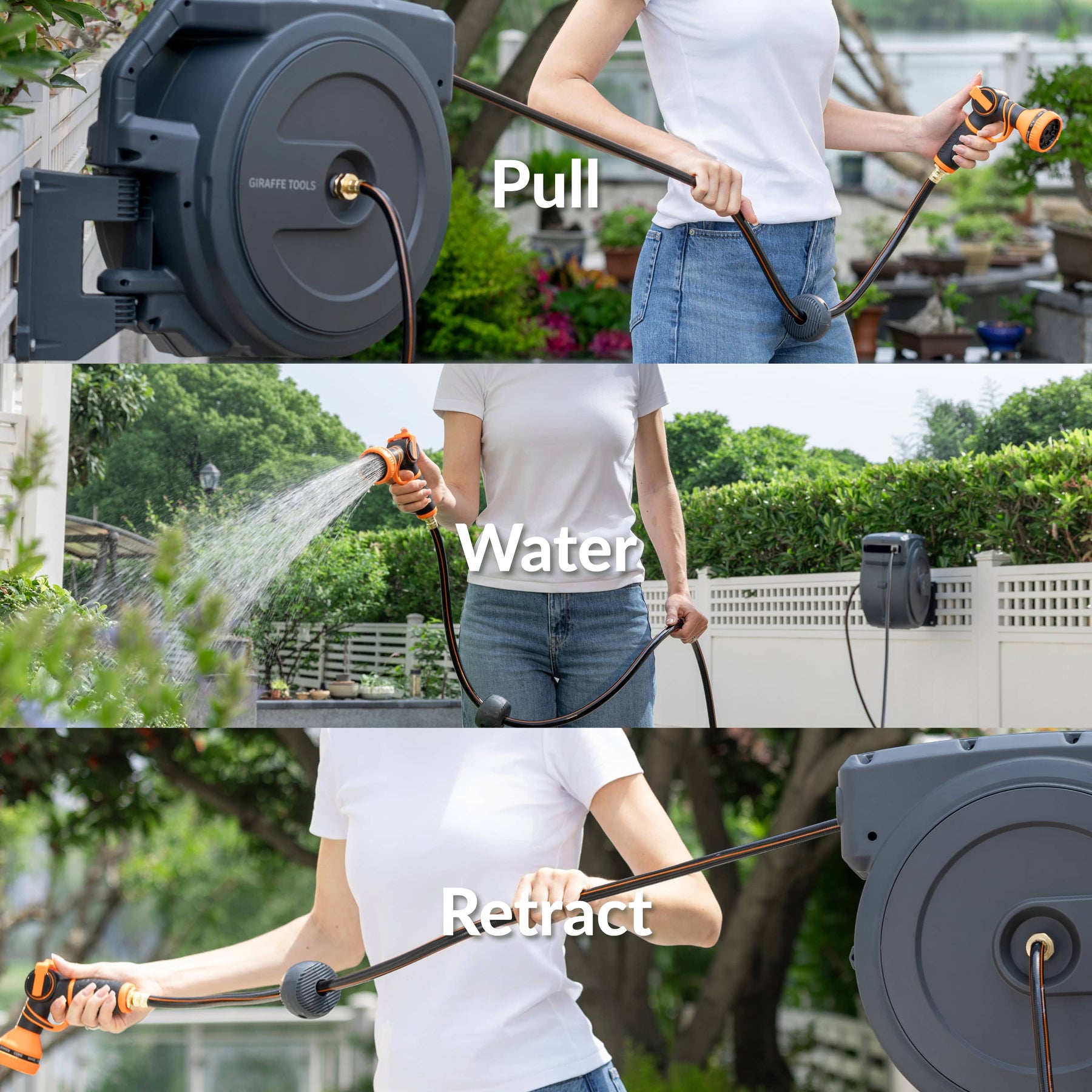 Giraffe Tools Retractable Garden Hose Reel makes watering simple with pull, water, and retract use.