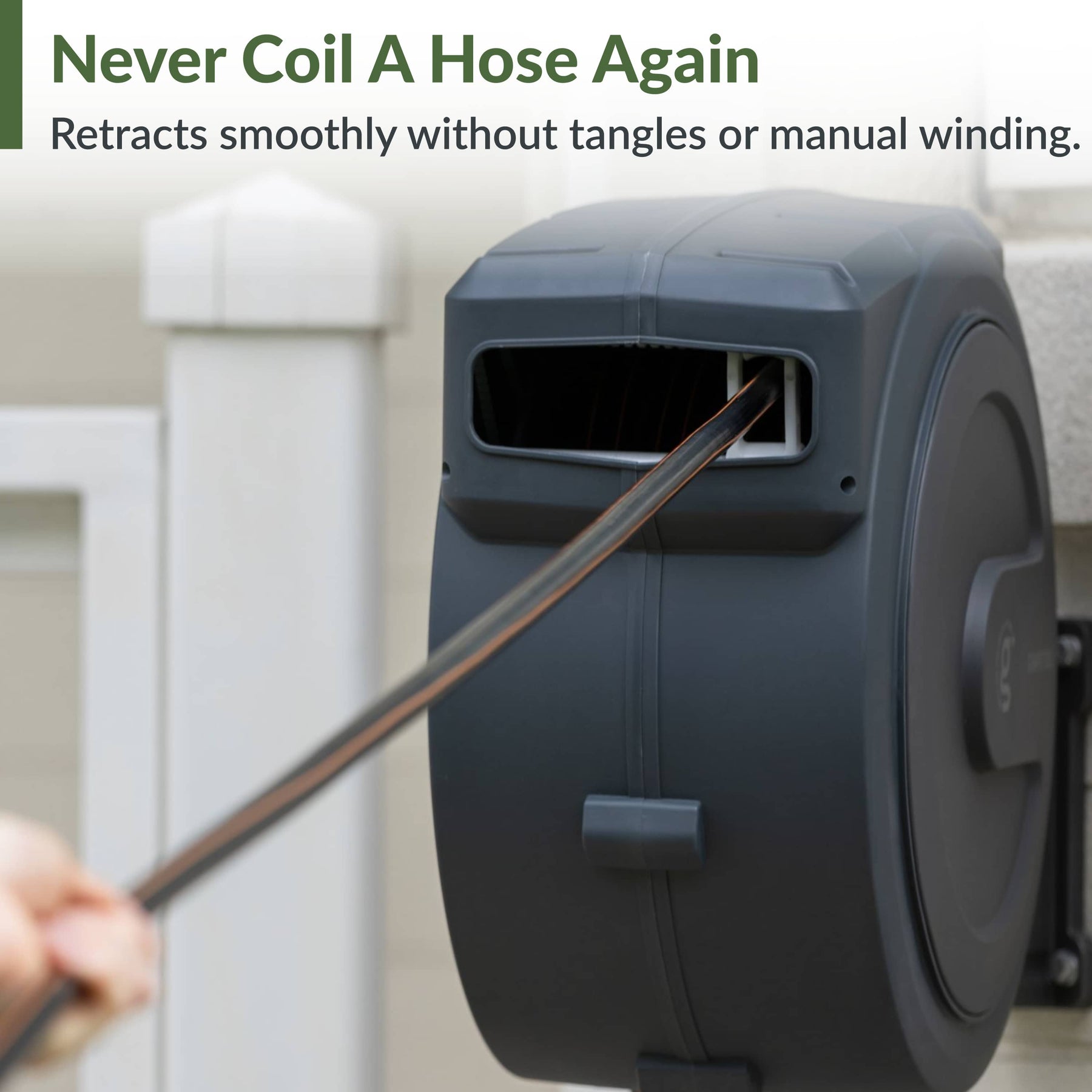 Giraffe Tools hose reel retracts smoothly to reduce tangles and manual hose winding.
