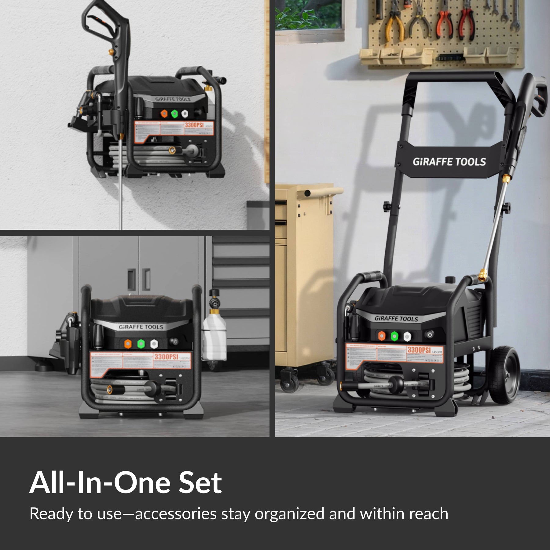 Giraffe Tools Crossfalls Retractable Pressure Washer Max Features – all-in-one system with integrated accessories and storage